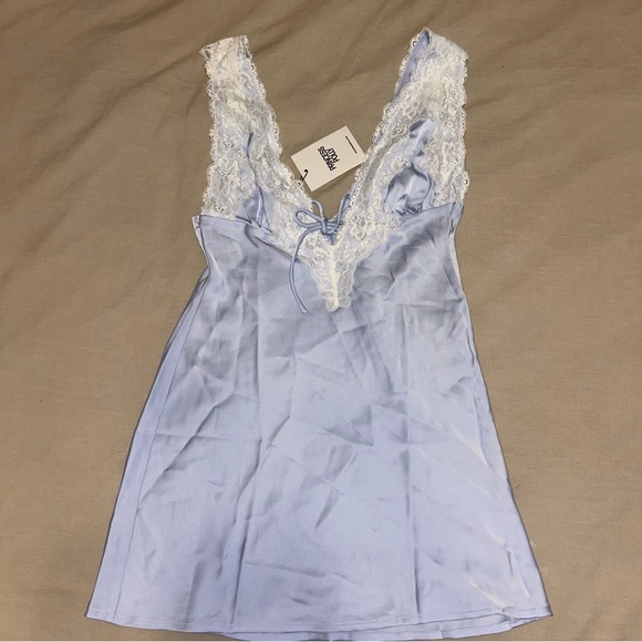 Princess Polly Nourish Light Blue Silk Mini Dress with white lace detail - Picture 4 of 4